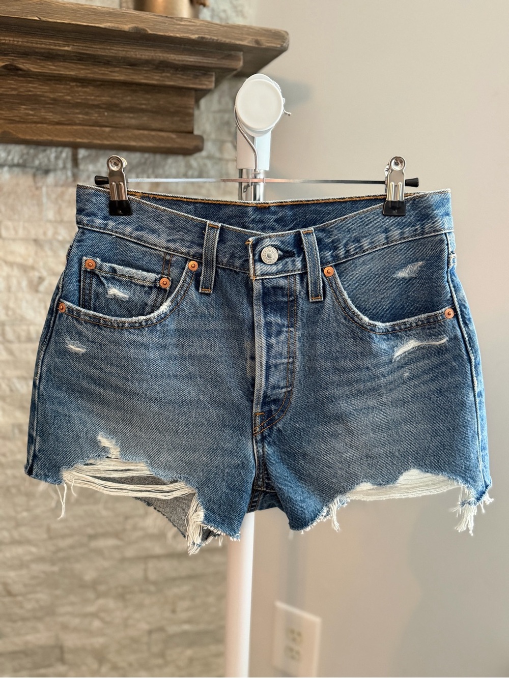 Levi's 501 Blue Distressed High-Rise Denim Shorts